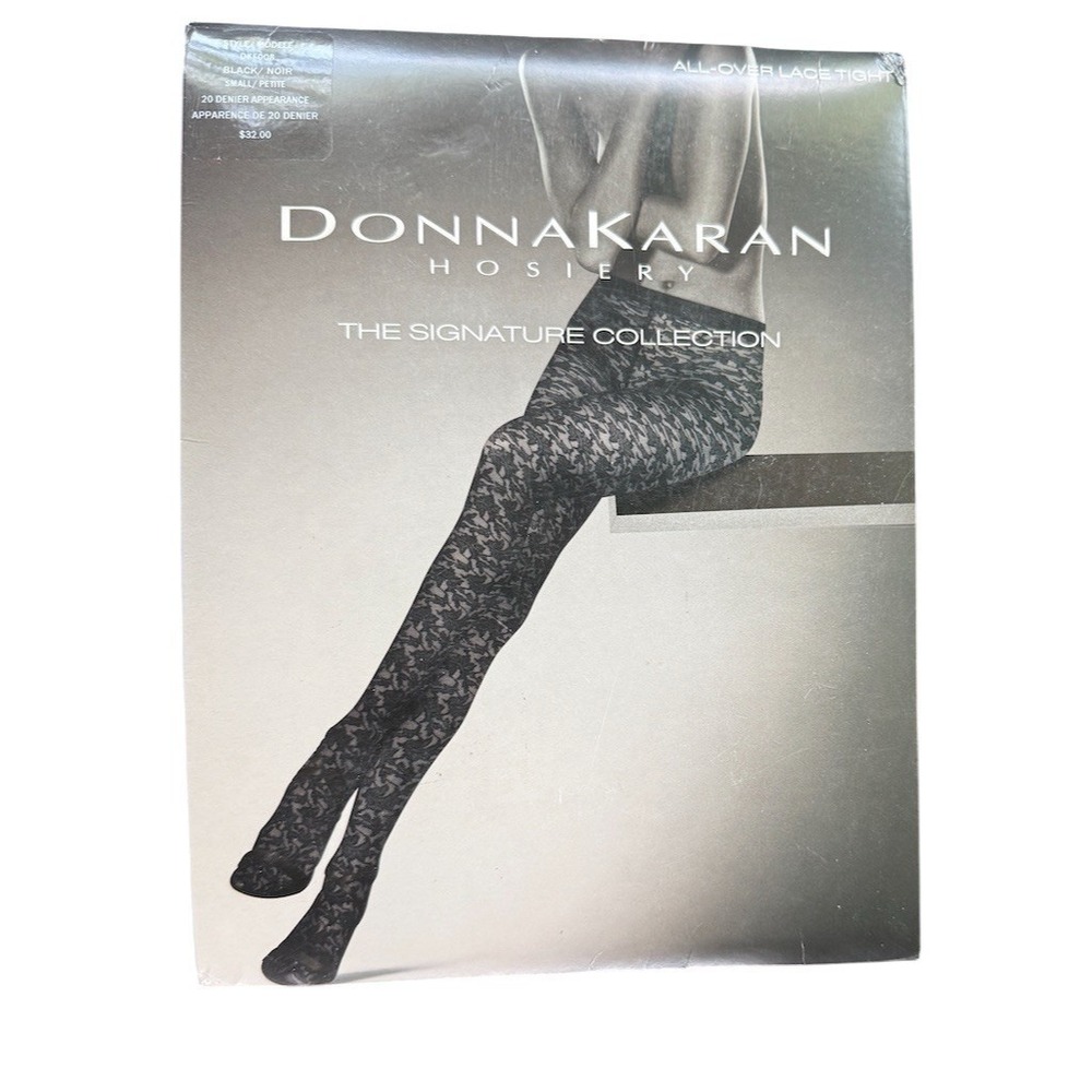 DKNY Donna Karan Hosiery all over Lace Tights Women Small/Petite Black Sheer 20D